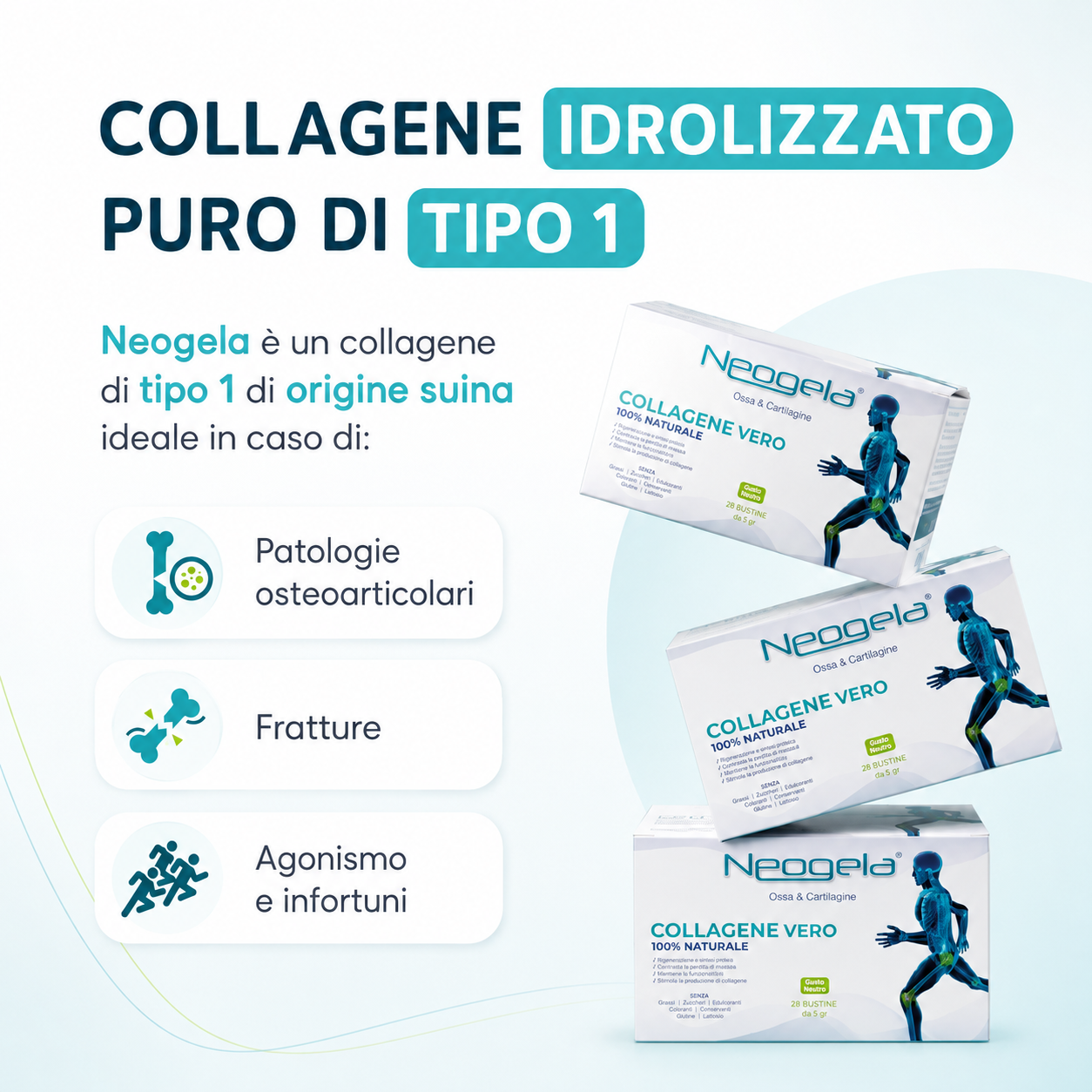 Collagene Neogela idrolizzato puro naturale al 100% tipo 1, perfetto per patologie osteoarticolari, fratture, infortuni agonistici