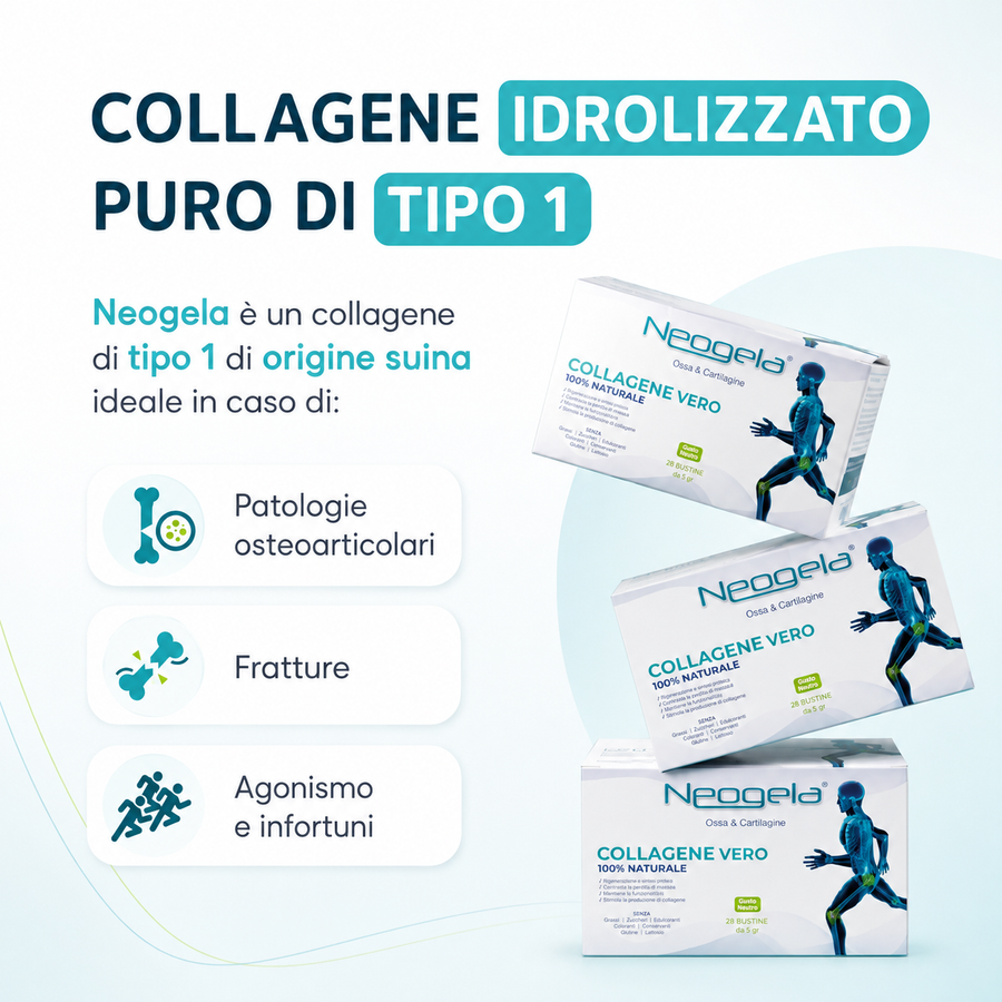 Collagene Neogela idrolizzato puro naturale al 100% tipo 1, perfetto per patologie osteoarticolari, fratture, infortuni agonistici