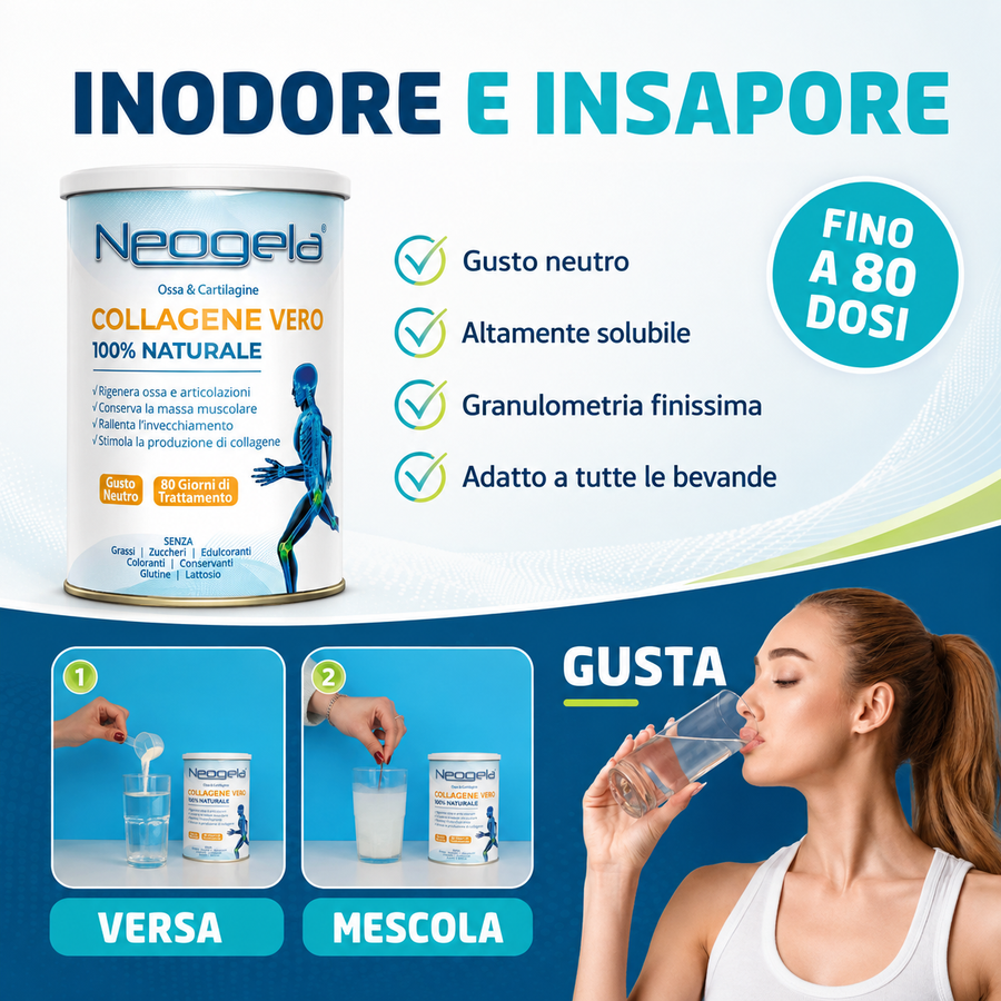 Collagene vero 100% naturale, altamente solubile, granulometria finissima, gusto neutro per rigenerare cartilagini, muscoli e ossa