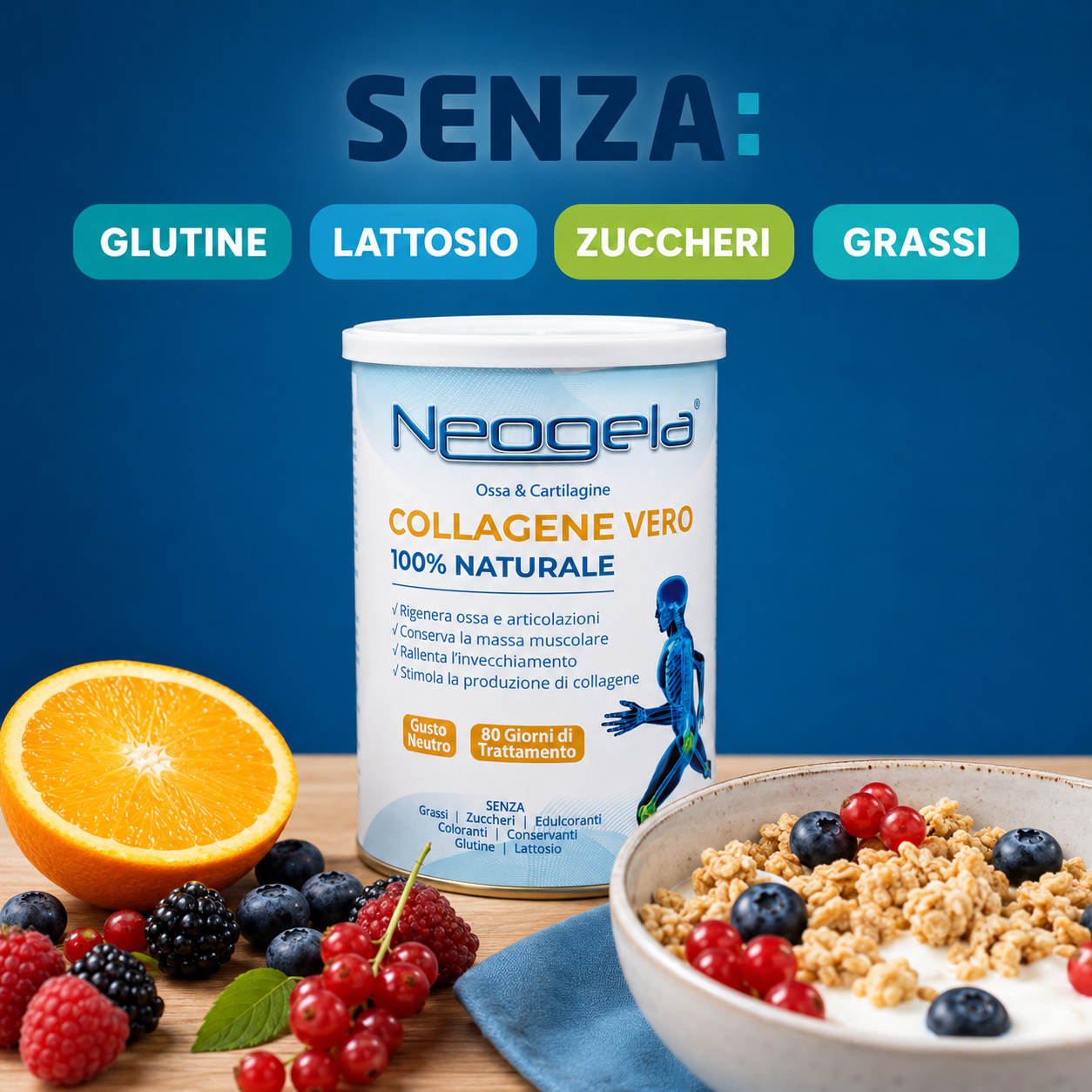 Collagene 100% naturale senza lattosio, glutine, zuccheri e grassi