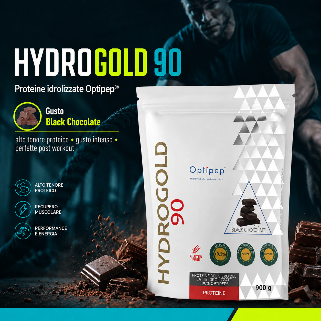 HYDRO GOLD 90, 900 GR Black Chocolate Keforma, l'Eccellenza del Recupero Muscolare Ultra-Veloce con HYDROGOLD 90 Idrolizzate
