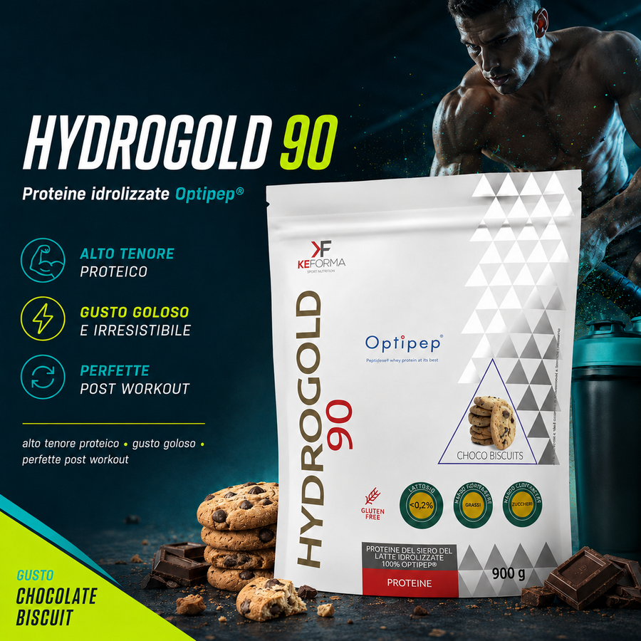 HYDRO GOLD 90, 900 GR Choco Biscuits Keforma, l'Eccellenza del Recupero Muscolare Ultra-Veloce con HYDROGOLD 90 Idrolizzate