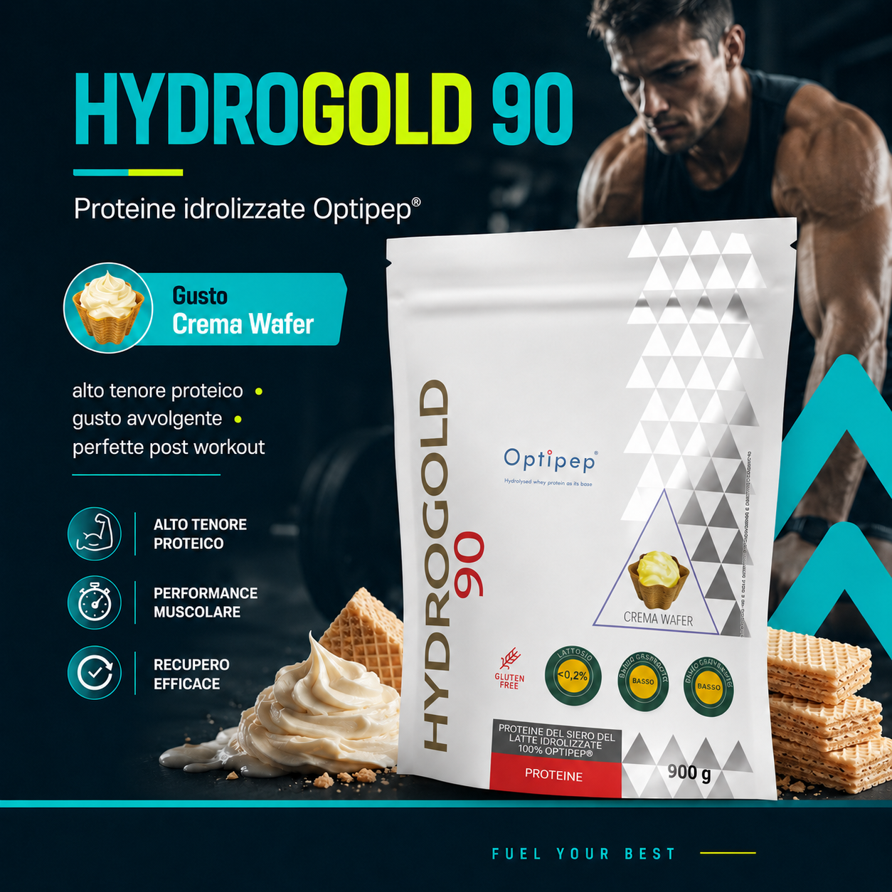 HYDRO GOLD 90, 900 GR Crema Wafer Keforma, l'Eccellenza del Recupero Muscolare Ultra-Veloce con HYDROGOLD 90 Idrolizzate
