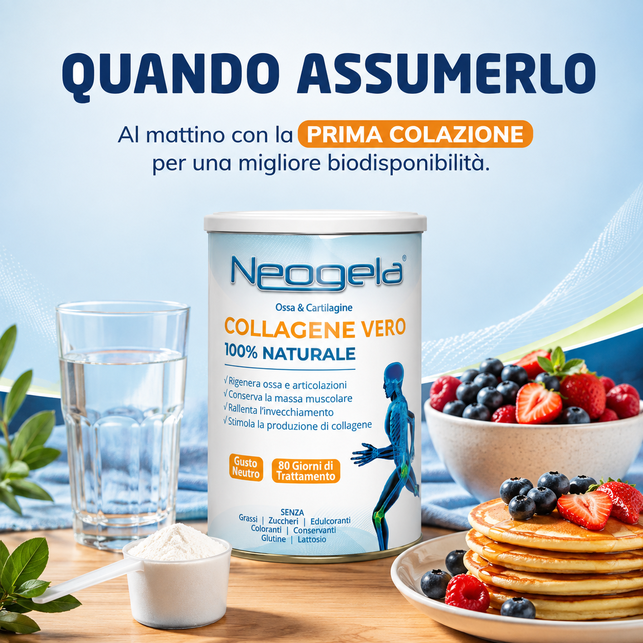 Neogela Collagene vero, 100% naturale, alta biodisponibilità. Formato valido per 80 giorni di trattamento, rigenera cartilagine, ossa e muscoli