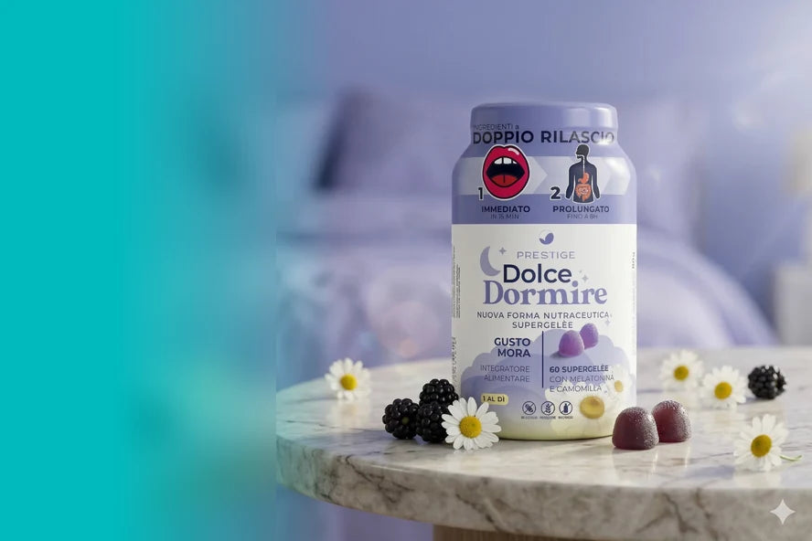 Supergelèe Dolce Dormire con melatonina e camomilla su un tavolino da notte
